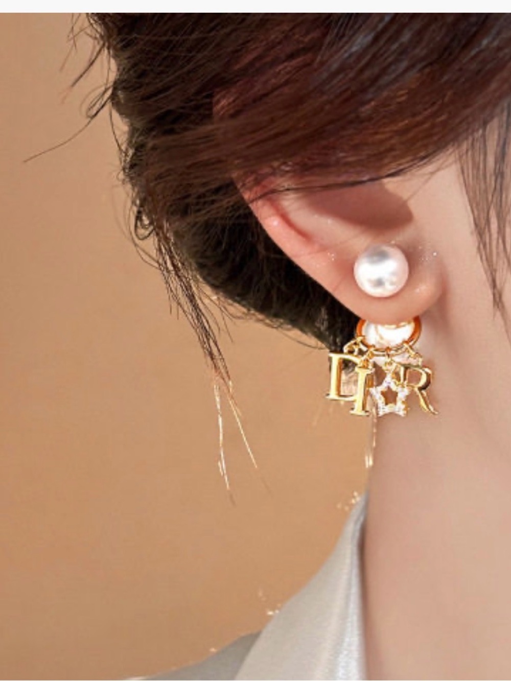 Gold-Tone Drop Earrings with White Pearl and Letter Charms